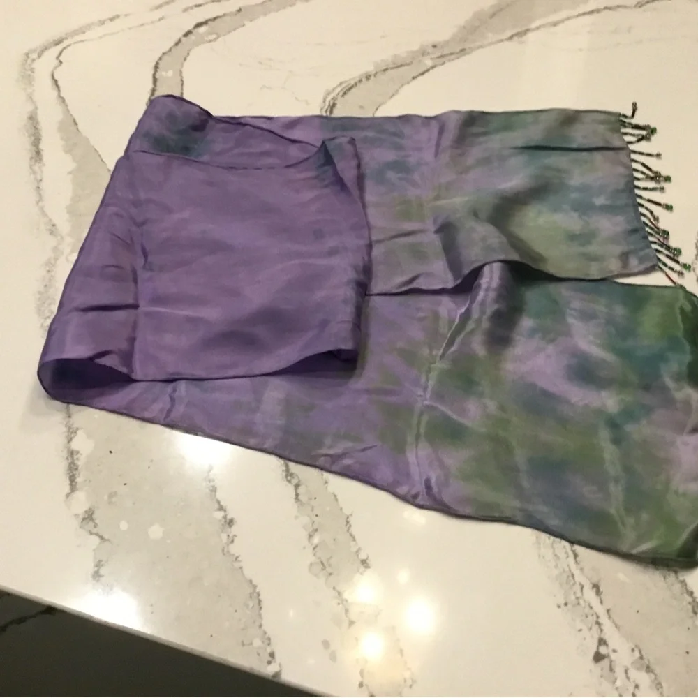 Purple & Green Silk Scarf with Trim - Picture 2 of 5